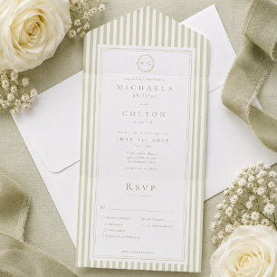 Invitación Todo En Uno Boda elegante clásica con franja verde salvia mono
