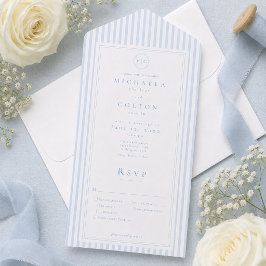 Invitación Todo En Uno Boda Elegante Clásica con Raya Azul y Monograma