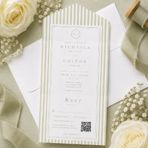 Invitación Todo En Uno Boda elegante clásica con raya verde salvia monogr