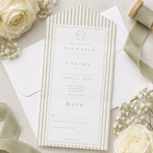 Invitación Todo En Uno Boda elegante clásica con raya verde salvia monogr