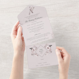 Invitación Todo En Uno Boda elegante clásica de monograma floral rosa Rub