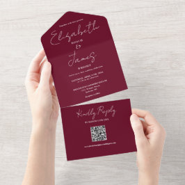 Invitación Todo En Uno Boda elegante código QR en guión Burgundy rojo