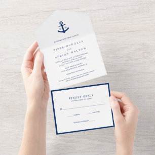 Invitación Todo En Uno Boda elegante con ancla náutica de monograma moder
