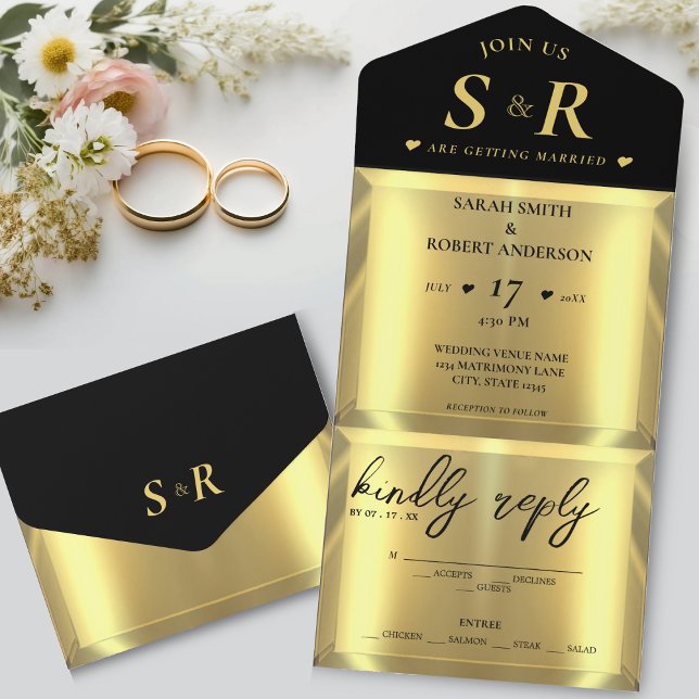 Invitación Todo En Uno Boda elegante con bar de oro (Gold Bar Elegant Wedding All In One Invitation)