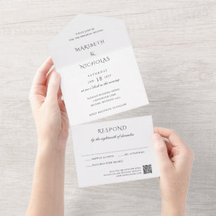 Invitación Todo En Uno Boda elegante con código QR en blanco y negro mode