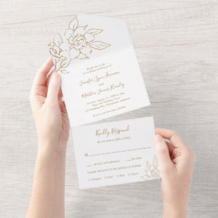 Invitación Todo En Uno Boda elegante con estilo floral de la línea de oro