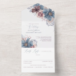 Invitación Todo En Uno Boda elegante con flores azul y malva