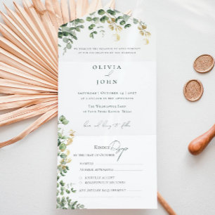 Invitación Todo En Uno Boda elegante con follaje de eucalipto dorado y ve