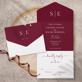 Invitación Todo En Uno Boda elegante con monograma burgundy y oro