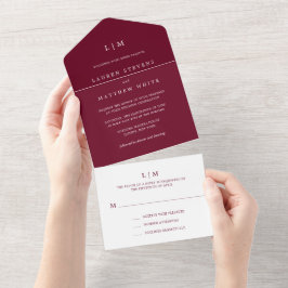 Invitación Todo En Uno Boda elegante con monograma de Borgoña simple
