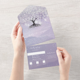 Invitación Todo En Uno Boda elegante de árbol de hoja de corazón púrpura