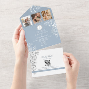 Invitación Todo En Uno Boda elegante de blanco floral azul polvoriento