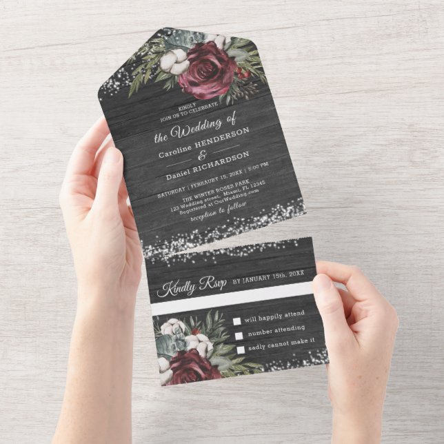 Invitación Todo En Uno Boda elegante de Borgoña de madera todo en uno (desgarro)