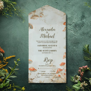 Invitación Todo En Uno Boda Elegante de Bosque con Hongos y Helechos