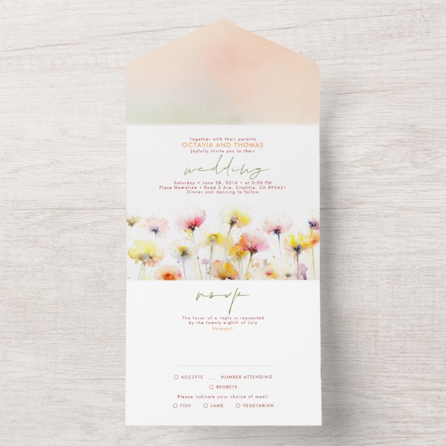 Invitación Todo En Uno Boda elegante de Flores Silvestres (Interior)