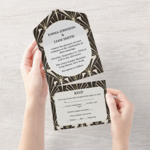Invitación Todo En Uno Boda elegante de los años 20 con geometría negra