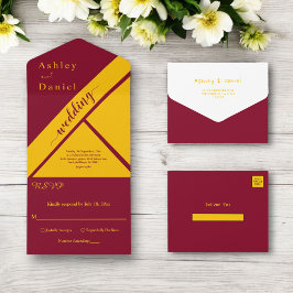 Invitación Todo En Uno Boda Elegante De Lujo Borgoña Y Dorado De Oro