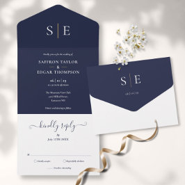 Invitación Todo En Uno Boda elegante de monograma azul marino y dorado