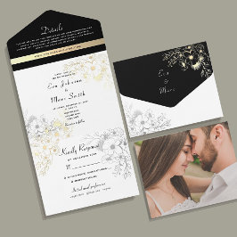 Invitación Todo En Uno Boda elegante de negro y dorado