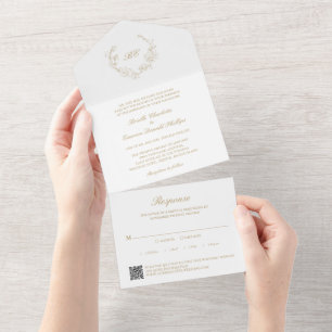 Invitación Todo En Uno Boda elegante de oro Monograma QR Código Wreath