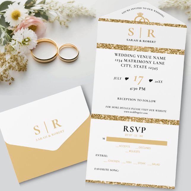 Invitación Todo En Uno Boda elegante de Purpurina blanco y dorado (White & Gold Glitter Elegant Wedding All In One Invitation)