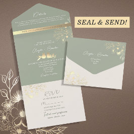 Invitación Todo En Uno Boda elegante de verde dorado y salvia