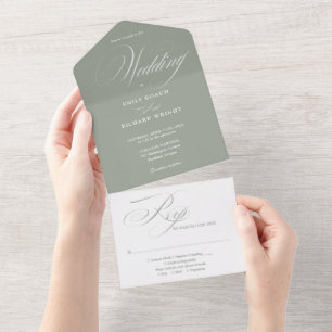 Invitación Todo En Uno Boda Elegante Escritura Moderna Verde Salvia
