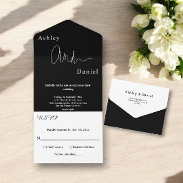 Invitación Todo En Uno Boda elegante moderna simple en blanco y negro