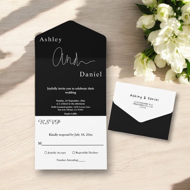 Invitación Todo En Uno Boda elegante moderna simple en blanco y negro (Subido por el creador)