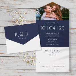 Invitación Todo En Uno Boda Elegante Monograma Foto Fecha de Azul Marino