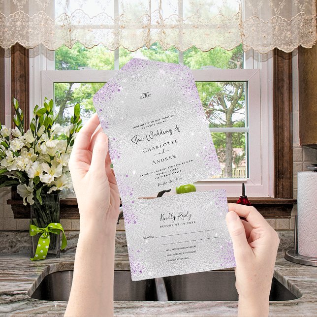 Invitación Todo En Uno Boda elegante morada purpurina metalizado plateado (Subido por el creador)