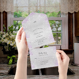 Invitación Todo En Uno Boda elegante morada purpurina metalizado plateado
