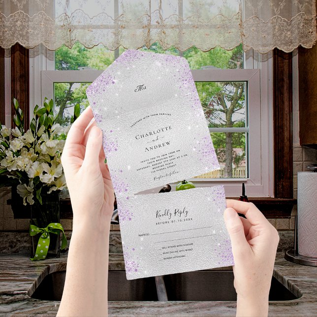 Invitación Todo En Uno Boda elegante morada purpurina metalizado plateado (Subido por el creador)