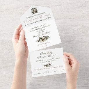 Invitación Todo En Uno Boda elegante Peony Cream Floral Crema de Invierno