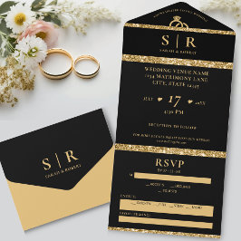 Invitación Todo En Uno Boda elegante Purpurina de oro y negro