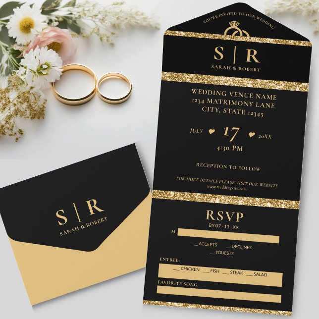 Invitación Todo En Uno Boda elegante Purpurina de oro y negro (Black & Gold Glitter Elegant Wedding All In One Invitation)