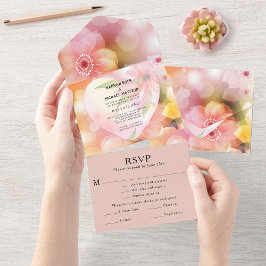 Invitación Todo En Uno Boda Elegante Romántica con Flores Naranja Rosa