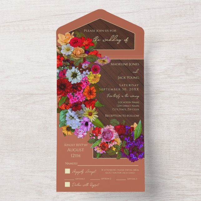 Invitación Todo En Uno Boda elegante rústica flores mixtos 3 opciones de  (Interior)