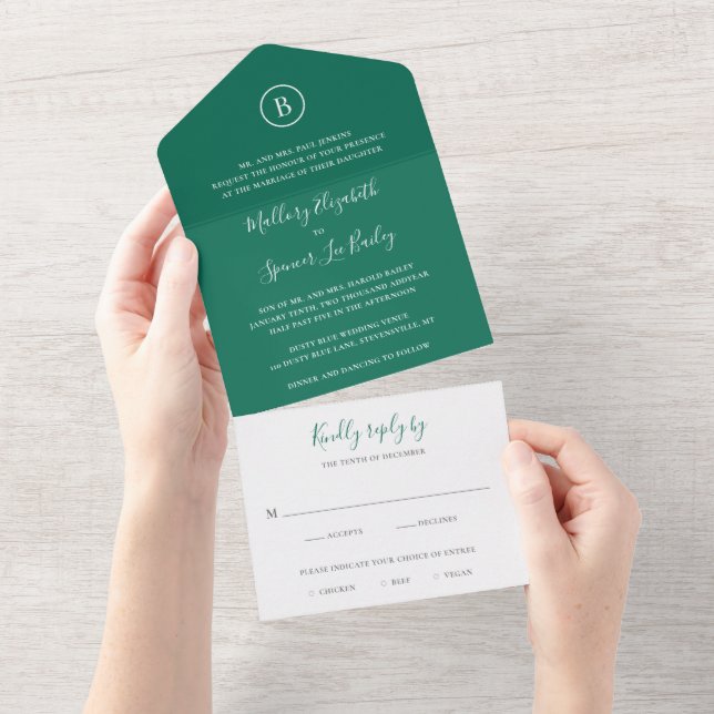 Invitación Todo En Uno Boda elegante verde esmeralda tradicional (desgarro)