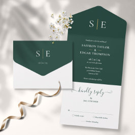 Invitación Todo En Uno Boda Elegante Verde Esmeralda y Dorado Monograma