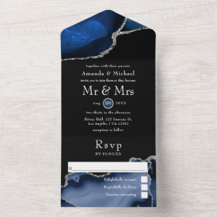 Invitación Todo En Uno Boda en azul marino y plata Agata Todo en uno Invi