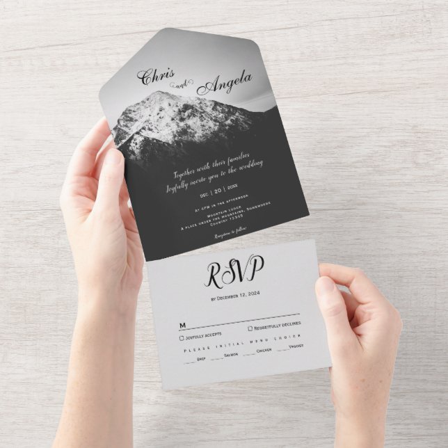Invitación Todo En Uno Boda en blanco y negro bajo las montañas (desgarro)