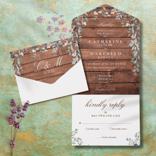 Invitación Todo En Uno Boda en Cascada de Flor de Greenery de Madera de G