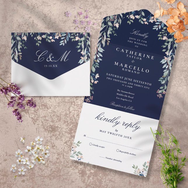Invitación Todo En Uno Boda en cascada de flores verdes azul marino (Subido por el creador)