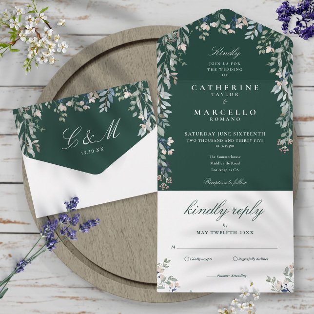 Invitación Todo En Uno Boda en cascada de flores verdes esmeralda (Subido por el creador)