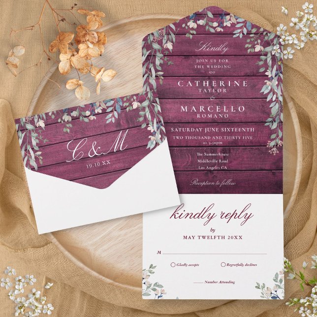 Invitación Todo En Uno Boda en cascada de vegetación floral de madera de  (Burgundy Barn Wood Floral Greenery Cascade Wedding All In One Invitation)