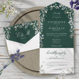 Invitación Todo En Uno Boda en cascada de vegetación floral verde esmeral