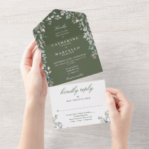 Invitación Todo En Uno Boda en cascada de verde oliva floral
