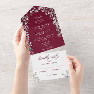 Invitación Todo En Uno Boda en cascada floral de verde de Borgoña