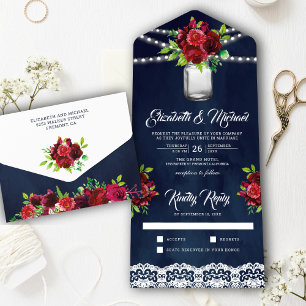 Invitación Todo En Uno Boda en frasco de Mason floral rojo Borgoña azul m